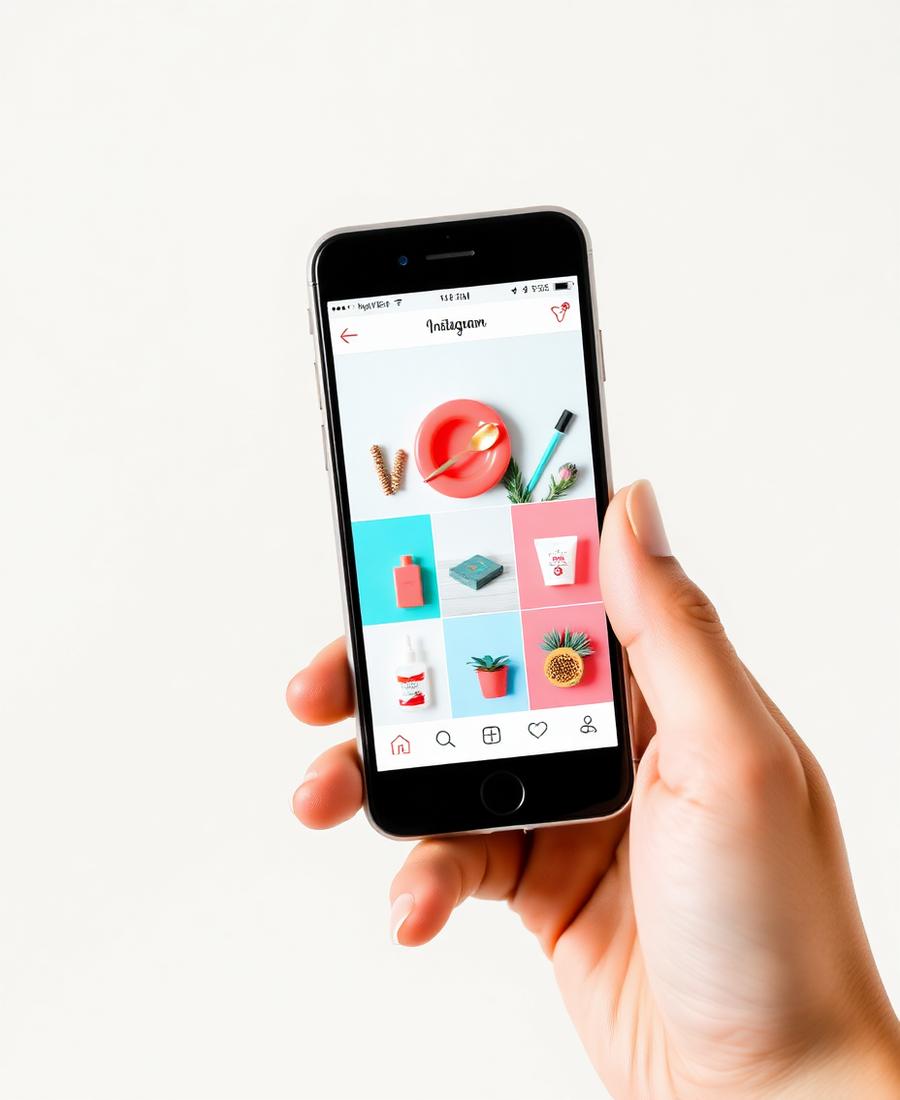 Hand holding a phone displaying a colorful social media content grid